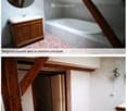 Bathroom with exposed wooden beams, a white sink, a wooden cabinet, a bathtub, and a round mirror.