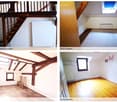 Four unfurnished rooms shown: a staircase landing, a carpeted room, a room with wooden beams and two chairs, and a wooden-floored room with a window and wall-mounted decor.