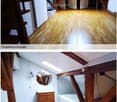 Top image shows an unfurnished room with wooden flooring, exposed wooden beams, and a staircase leading to another level. Bottom image shows a small, unfurnished bathroom with a sink, mirror, and exposed wooden beams.
