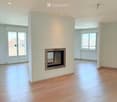 Empty room with light wooden flooring, white walls, and a built-in fireplace. Large windows and sliding doors provide natural light and access to a balcony or outdoor area.