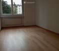 Empty room with wooden flooring, large window with white frame, radiator, and visible electrical outlet.