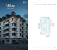 Floor plan of a 4-story apartment building in Milan, including a living room, kitchen, two bedrooms, and two bathrooms, with a balcony and a cellar.
