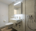 Modern bathroom with a toilet, sink, mirror, and showerhead. The sink has a modern faucet and a soap dispenser, and a toothbrush holder is visible. The showerhead is mounted on the wall with a handheld sprayer.