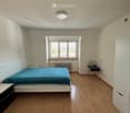 A furnished bedroom with a wooden floor, a single bed with blue bedding, a nightstand, a chair, and a radiator beneath a window.