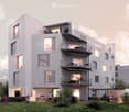 Modern multi-story residential building with balconies, large windows, and a landscaped garden area.
