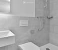 Modern bathroom with a white sink, chrome faucet, mirror, toilet, and a showerhead with a handheld sprayer.
