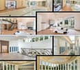 A luxurious house collage featuring a swimming pool, spacious living areas, modern fireplace, and elegant staircase with ornate railing.