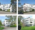 Four images of a modern, white multi-story apartment building with balconies, surrounded by greenery and trees. The building features clean lines, large windows, and is situated in a residential area with paved roads and landscaped surroundings.