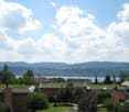 A modern building with a green roof, surrounded by trees and shrubs, overlooking a scenic lake and distant mountains.