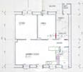 Floor plan showing a two-story house with labeled rooms including living/dining area, bedroom, bathroom, balcony, and entrance.
