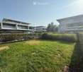 Well-maintained lawn with trimmed hedges and modern residential buildings in the background.
