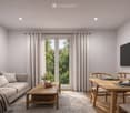 Modern living and dining area with a grey sofa, wooden coffee table, dining table with chairs, and a flat-screen TV mounted on the wall. Large windows with curtains lead to a balcony.