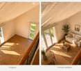 Bright living room with wooden herringbone flooring, large windows, and a balcony. Furnished with a white sofa, coffee table, side table, and decorative plants.