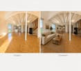 Open-concept living and dining area with hardwood flooring, large windows, a staircase, a fireplace, a sofa, coffee table, dining table, and chairs.