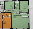 Floor plan showing a multi-room layout including a kitchen/dining/living area, two bedrooms, two bathrooms, an entrance, and a balcony.