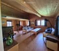 Cozy living room with wooden walls and ceiling, featuring a sofa, armchair, coffee table, fireplace, and decorative vase.