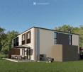 Modern two-story house with a garage, parking area, and outdoor seating area with chairs and a table.