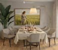 Elegant dining room with a long table set for a meal, surrounded by six chairs, wine glasses, and bread. A large painting hangs on the wall, and a floor lamp stands nearby. The room features wooden flooring and large windows with curtains.