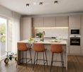 Modern kitchen with light-colored cabinets, a central island with bar stools, and built-in appliances including an oven and microwave. The island features a marble countertop with a sink and faucet, and there are decorative plants and a small child's tric