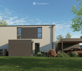 Modern two-story house with a flat roof, large windows, and a covered garage. The house features a combination of beige and dark brown exterior walls, a well-maintained lawn, and a stroller near the entrance.