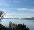 Scenic view of a lake with distant mountains, clear blue sky, and surrounding trees.