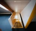 Wooden staircase with a handrail, blue carpeted steps, and white walls. The ceiling has exposed wooden beams and recessed lighting.