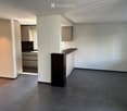 Open-plan space with a kitchen area and a living area, featuring modern cabinetry, a dark countertop, and dark tiled flooring.