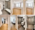 A modern house with multiple rooms including a bathroom, bedroom, and living space. The bathroom features a glass-enclosed shower, a sink, and a washing machine. The bedroom has a bed, a nightstand, and a large window. The living area has wooden flooring