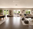 Open-plan living and dining area with modern furniture, large windows, and a view of a garden. Features a sectional sofa, coffee table, ottoman, dining table with chairs, and decorative items.