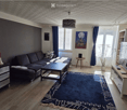 Modern living room with dark grey sofa, coffee table, side table, TV stand, floor lamp, potted plant, and cabinet. Large windows with blue curtains and a patterned rug.