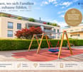 A modern residential building with balconies and greenery, featuring a playground with swings and a bench in the foreground.