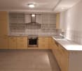 Modern kitchen with light yellow cabinets, stainless steel appliances, tiled backsplash, and a central island.