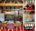 A collection of images showcasing a rustic, wooden chalet with exposed beams, modern kitchen, cozy living spaces, and scenic mountain views.