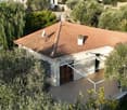 Single-story house with a terracotta-tiled roof, surrounded by lush greenery and olive trees. Features a covered patio area with a sliding glass door leading to the interior.