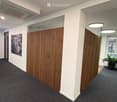 Modern hallway with grey carpeting, white walls, wooden panel partitions, and potted plants on either side.