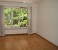 Empty room with wooden flooring, white walls, large window with curtains, radiator, and visible greenery outside.