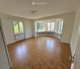 Empty room with wooden herringbone flooring, white walls, large windows, and radiators.