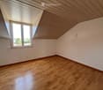 Empty attic room with wooden flooring, white walls, and a skylight window. The ceiling has exposed wooden beams and a sloped design.