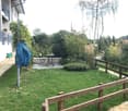 Garden with green grass, wooden fence, small patio area with a table and chairs, surrounded by trees and shrubs.