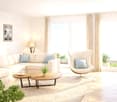 Modern living room with a light-colored sectional sofa, two coffee tables, a white armchair, a table lamp, and a potted plant on the floor.