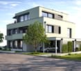 Modern two-story house with light grey facade, large windows, balconies, and a covered garage. The house is surrounded by a well-maintained lawn and trees.