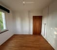 Empty room with wooden flooring, white walls, a window with a view of greenery, a wooden door, and a radiator.