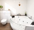Modern bathroom with a large bathtub, toilet, sink, and decorative plants on the counter.