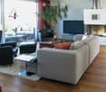 Modern living room with hardwood floors, large windows, grey sofa, coffee tables, armchairs, TV, and fireplace.