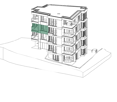 3D rendering of a modern multi-story residential building with balconies and a raised ground floor.
