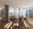 Modern dining room with wooden floor, large windows offering mountain views, dining table with chairs, laptop, cup, sofa, flower pot, and chandelier.