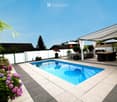 Modern outdoor area with a swimming pool, patio furniture, and a covered seating area with a pergola.