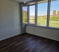 Empty room with dark wooden flooring, large windows offering a view of a green field and distant buildings, and white walls.