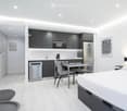 Modern, compact studio apartment with a bed, small dining area, and integrated kitchen featuring stainless steel appliances.
