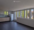 Modern kitchen with light wood cabinets, stainless steel sink, and large windows overlooking a green area.